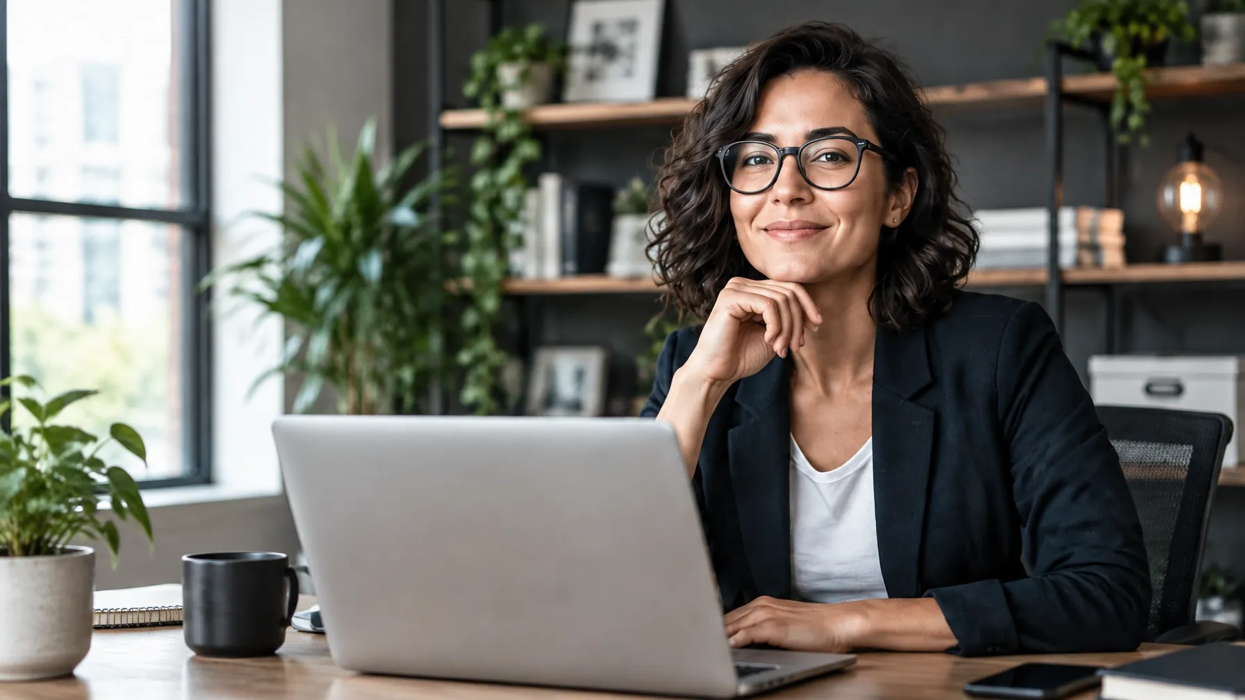 Small business owner working at a laptop in a bright office